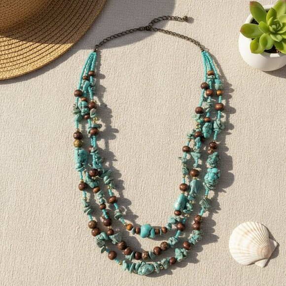 Turquoise and Brown Beaded Necklace - Picture 1 of 5